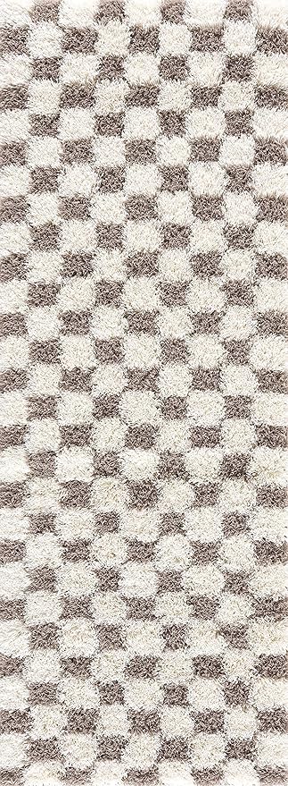 Hauteloom Atira Contemporary Checkered Fluffy Shag Area Rug - Modern Geometric Carpet Tiles for Living Room, Kids Room, Nursery - Plush Pile - Cream, Brown - 18" Sample