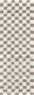 BoutiqueRugs Atira Modern Checkered Shag Runner Rug - High Pile Fluffy Shaggy Carpet for Hallway, Kitchen, Nursery, Playroom - Brown, Cream, White, Taupe - 2'7" x 10' (2x10)