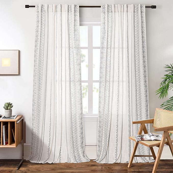 MEETSKY Boho Curtains 84 Inches Long Curtains for Living Room Bohemian Geometric Printed Cotton Curtain Light Filtering Linen Style Rod Pocket Window Back Tab Drape for Dining Room 2 Panels
