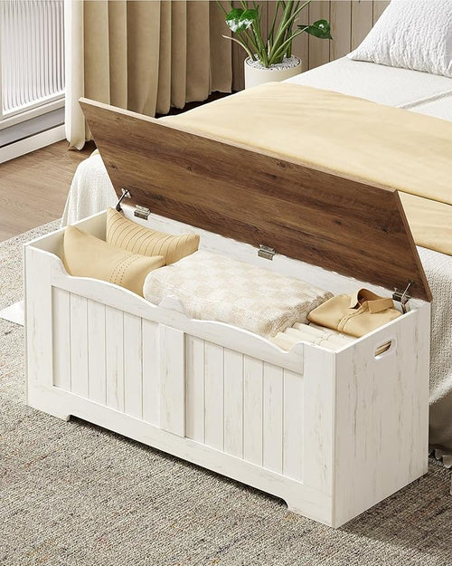 43.3" Storage Chest, Extra Large Storage Bench Trunk with 2 Hinges, Wooden Box, Lift-Top Chest Organizer, Shoe Bench for Entryway, Bedroom, Living Room, White and Brown SB25514X