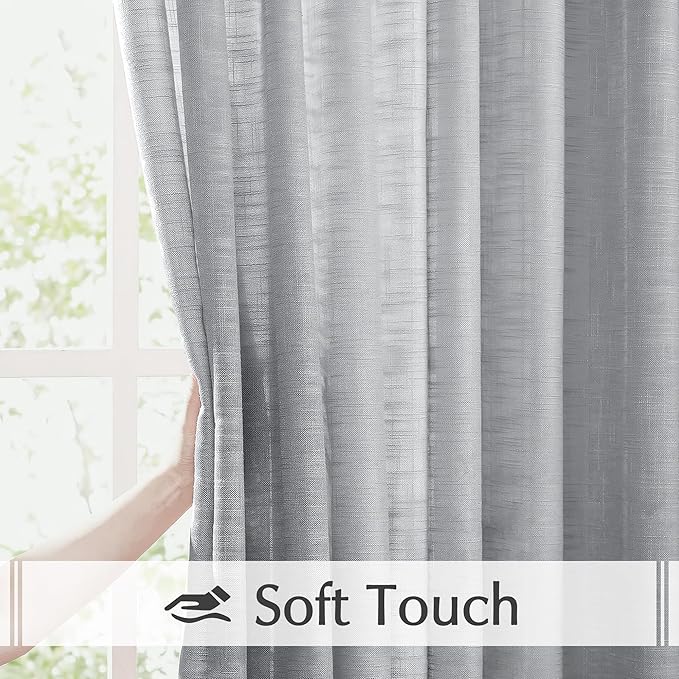 FMFUNCTEX Linen Semi Sheer Curtains 45 Inches Long for Bedroom Living Room, Grey Curtain Panels Sheer Linen Textured Window Drapes Farmhouse Light Filtering Gray 2 Panels Rod Pocket