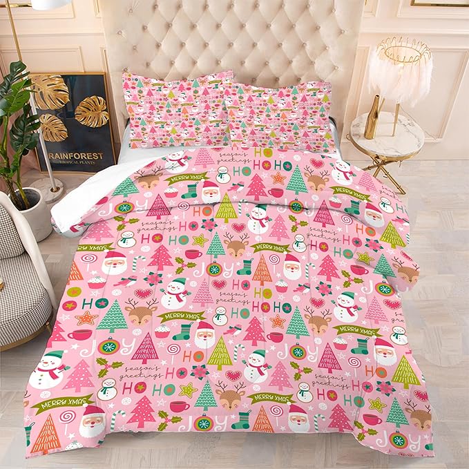 Pink Christmas Comforter Twin: Merry Xmas Santa Claus Bedding Set for Kids Teen Girls Boys Christmas Tree Snowman Elk Quilts Festival Decor Bed Set 1 Comforter & 1 Pillowcase