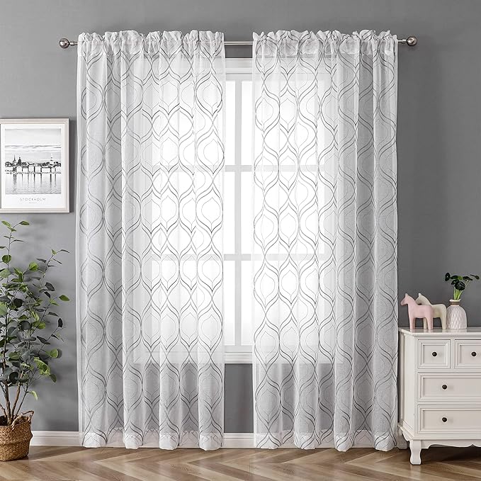 VISIONTEX White Sheer Curtains 108 Inches Long 2 Panels Set Grey Moroccan Embroidered Curtains Trellis French Textured Rod Pocket Voile Tulle Semi Window Drapes for Bedroom Living Room 54 x 108 Inch
