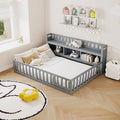mikibama Twin Size Floor Bed with Side Bookcase and Shelves, Montessori Floor Bed with Guardrails for Bedroom, Wood Full Floor Bed Frame with Storage for Girls, Boys, Grey