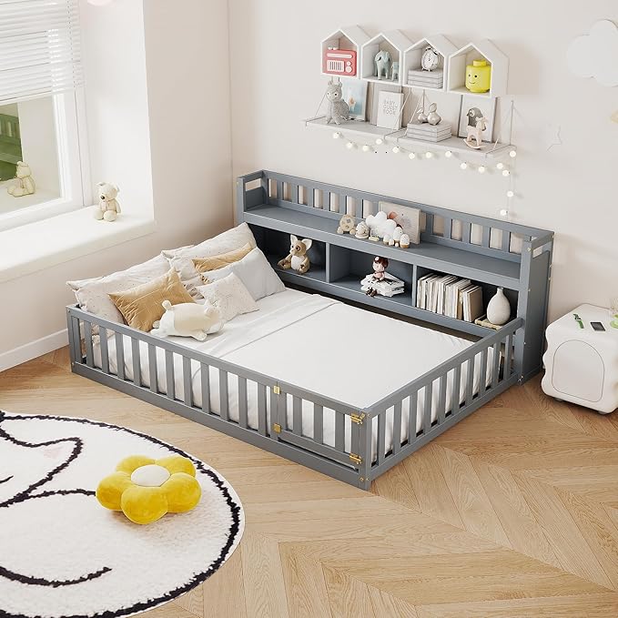 mikibama Twin Size Floor Bed with Side Bookcase and Shelves, Montessori Floor Bed with Guardrails for Bedroom, Wood Full Floor Bed Frame with Storage for Girls, Boys, Grey