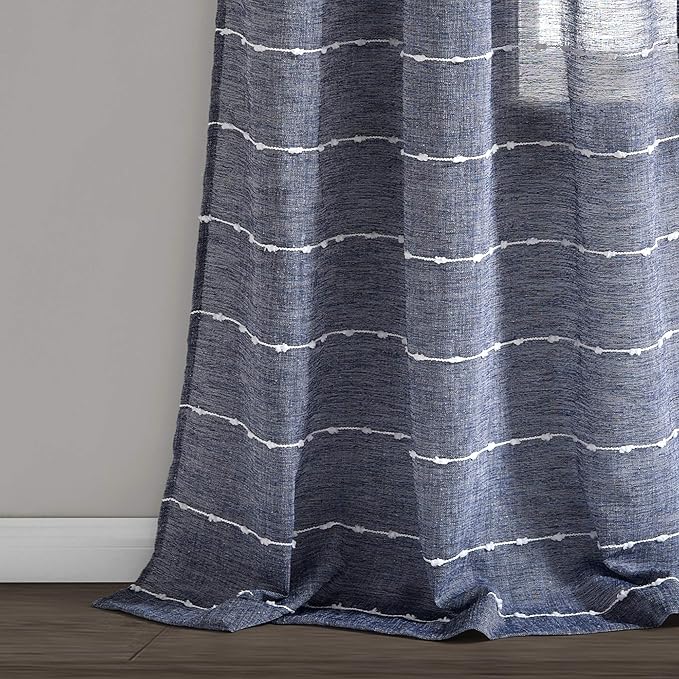 Lush Decor Farmhouse Textured Grommet Sheer Window Curtain Panel Pair, 38"W x 108"L, Navy