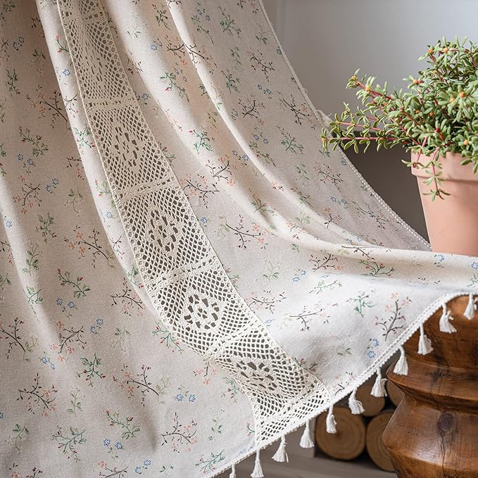 ENJOYBRIDAL Floral Curtains 96 Inch Length 2 Panels Crochet Lace Patchwork Drapes Semi-Sheer Boho Tassel Bedroom Living Room Farmhouse Beige Country Rustic Rod Pocket Window Curtain Panels