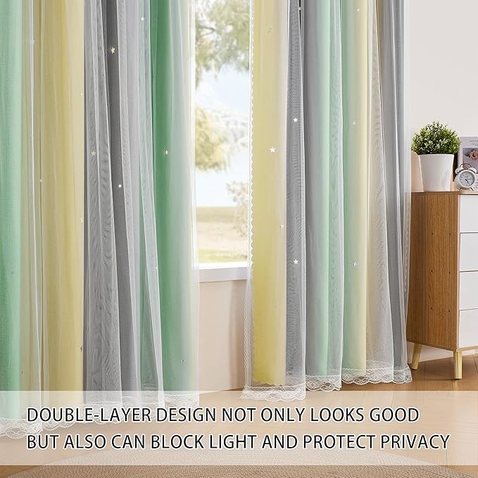 XiDi Yellow Curtains for Girls Bedroom Decor Short Blackout Curtains for Kids Room Rainbow Design for Girls Room Princess Unicorn Wall Decals Room Darkening Grey Green Yellow 34x45 Inches Long
