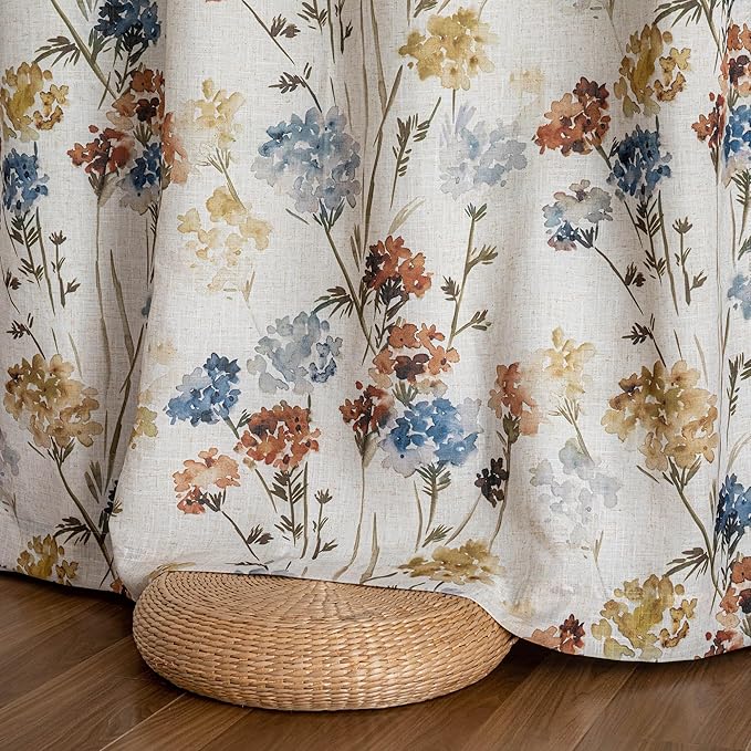 MYSKY HOME Floral 100% Blackout Linen Curtains 72 Inches Long 2 Panels Set for Bedroom Living Room Farmhouse Flower Pattern Double Layer Thermal Insulated Grommet Drapes, Yellow, 52" Wide Each Panel