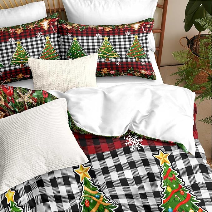 Christmas Duvet Cover King Size Black White Gingham Bedding Set 3 Pieces Kids Boys Girls Red Plaid Grid Christmas Tree Gingerbread Man Comforter Cover with Zipper Closure