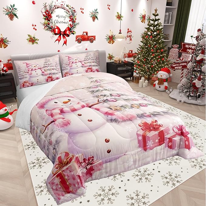 Pink Christmas Snowman Comforter Set for Kids,Merry Christmas Bedding Set Teens Boys Room Decor,Xmas Tree Gift Comforter with 1 Pillowcase for All Seasons,Twin