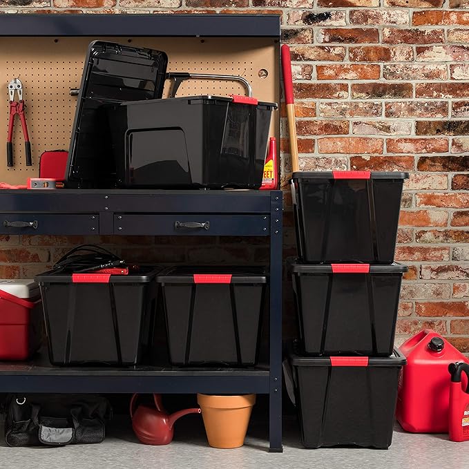 IRIS USA 51 L (54 QT) Plastic Storage Box with Lid and Latches - 4 Pack - BPA-Free, Garage Organizing Solution, Durable Nestable Stackable Containers, Secure Pull Handle - Black