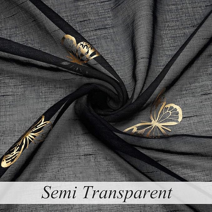 Jubilantex Black and Gold Butterfly Sheer Curtain Panels for Boys Girls Room, Linen Textured Metallic Print Patterned Voile Rod Pocket Curtain Drapes 95 Inch Long for Bedroom, 2 Panels