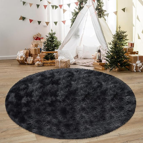 6 ft Round Fluffy Large Black Rug for bedroom,Tie Dyed Furry Round Carpet Non Slip Fuzzy Shaggy Plush Circle Big Area Rug for living room Room Nursery Room Playroom Kids Room Home Decor Washable
