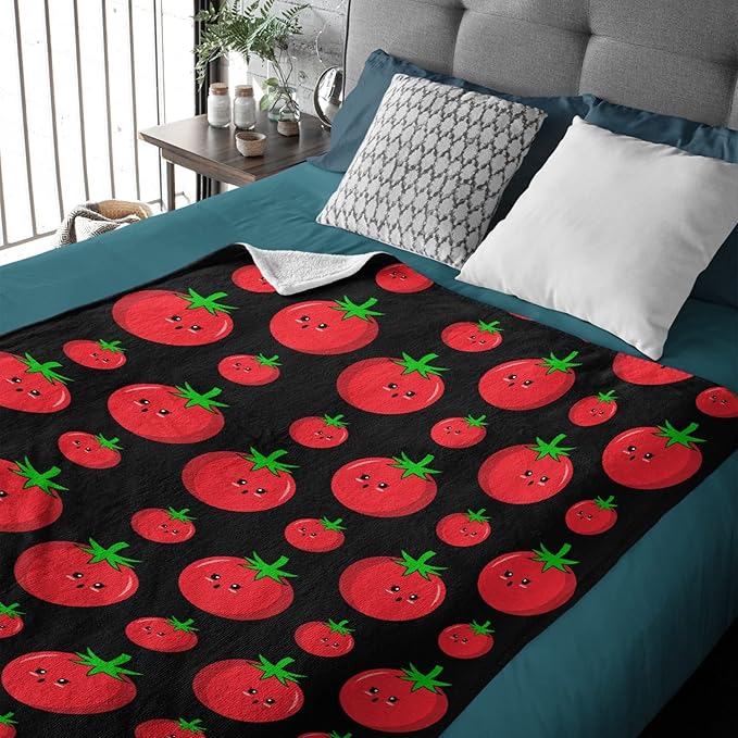 Thuswarm Cute Tomato Kawaii Black Flannel Throw Blanket Warm Cozy Soft Funny Print Blankets for Bed Couch Sofa Room Decoration Gifts 50”×40” Small for Kid