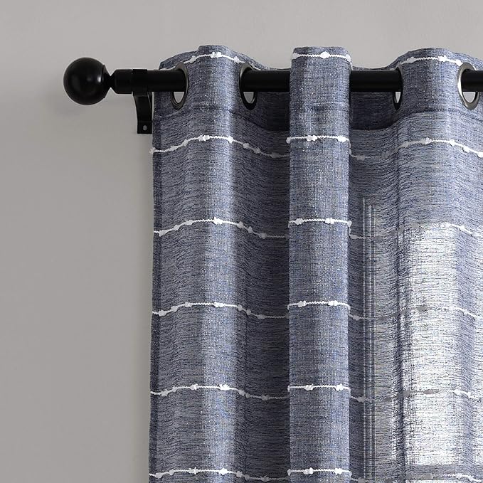 Lush Decor Farmhouse Textured Grommet Sheer Window Curtain Panel Pair, 38"W x 95"L, Navy