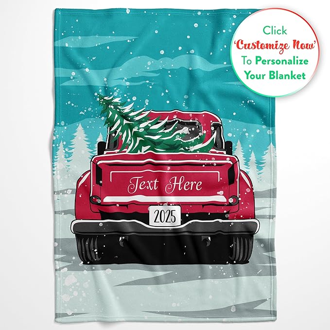 Personalized Christmas Blanket, Vintage Red Truck and Tree - Ships Next Day, Printed in USA - Warm Fleece or Sherpa Sofa Throw, Cute Holiday Décor - Customizable Family Throws (Fleece 30x40)
