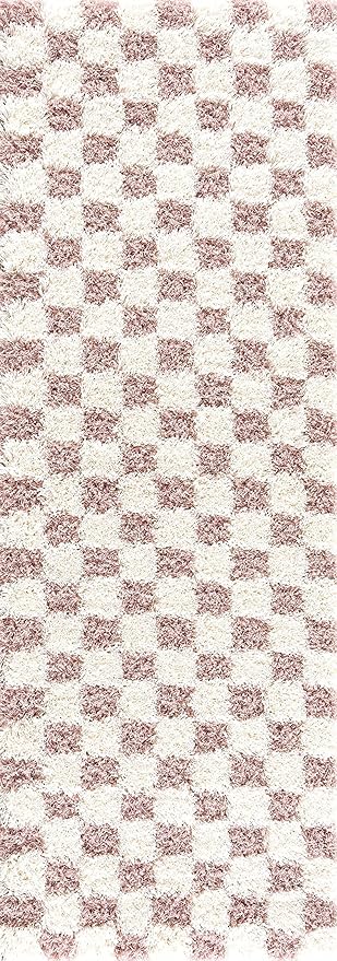 BoutiqueRugs Atira Modern Checkered Shag Runner Rug - High Pile Fluffy Shaggy Carpet for Hallway, Kitchen, Nursery, Playroom - Pink, Cream, White, Blush, Rose - 2'7" x 10' (2x10)