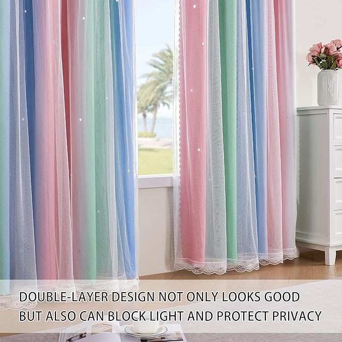 XiDi Short Curtains for Girls Bedroom Decor Kids Blackout Curtains for Nursery Room Darkening Rainbow Princess Unicorn Wall Decals Little Girl Pink Green Blue 34x63 Inches Long 2 Panels Set