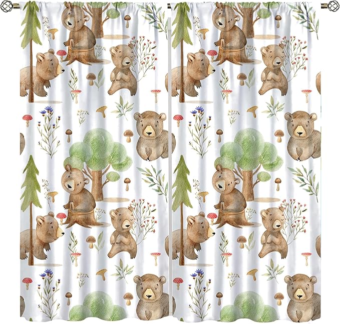 Forest Animal Curtains,Kids Home Bedroom Window Treatments, Cartoon Watercolor Bear Squirrel Woodland Animal Drapes 63x72in