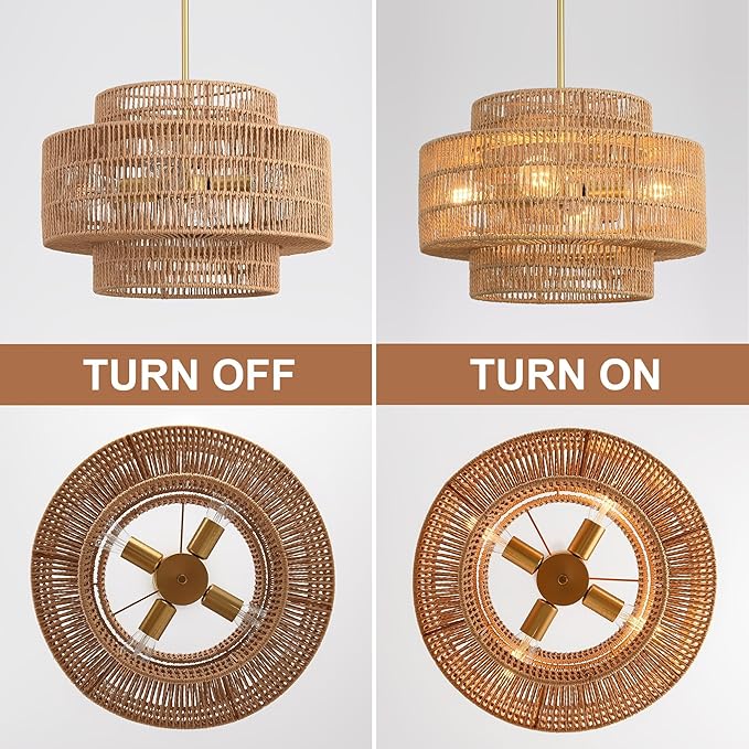 17.7”Boho Rattan Chandelier for Dining Room, 4-Light Hand Woven Pendant Light Fixture Farmhouse Rustic Ceiling Hanging for Kitchen Island Bedroom Living Room Nursery Foyer