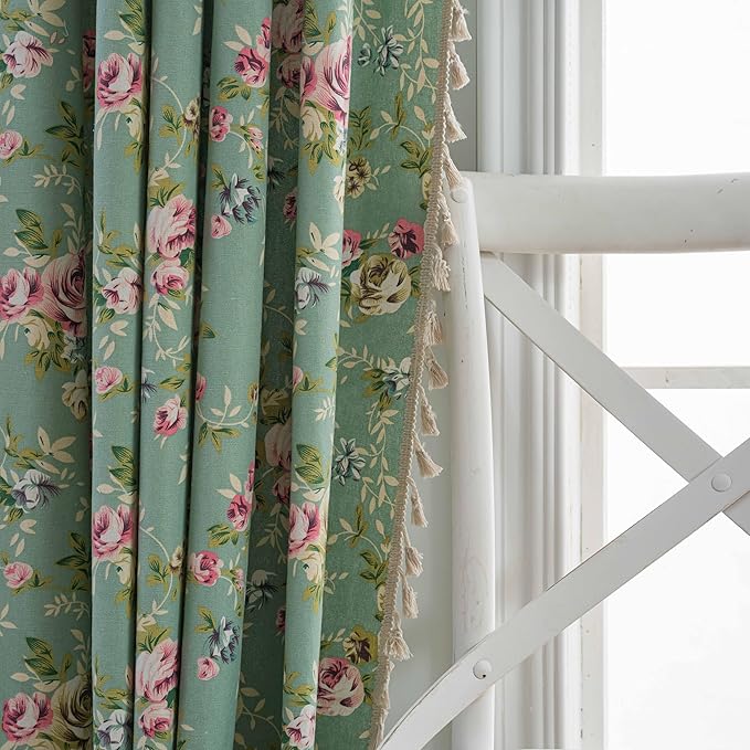 ENJOYBRIDAL Floral 63 Inch Curtains for Living Room Green Drapes Bedroom Semi Sheer Rod Pocket Short Window Curtains 2 Panel Sets Boho Farmhouse Vintage Light Filtering Window Treatments