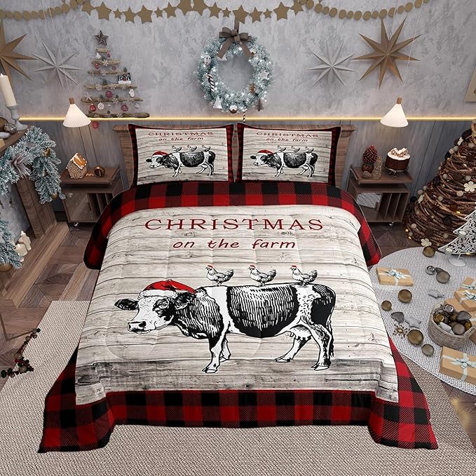 Christmas Farm Comforter Set for Kids,Cartoon Cow Chicken Bedding Set Teens Boys Room Decor,Vintage Wooden Plank Red Grids Comforter with 1 Pillowcase for All Seasons,Twin