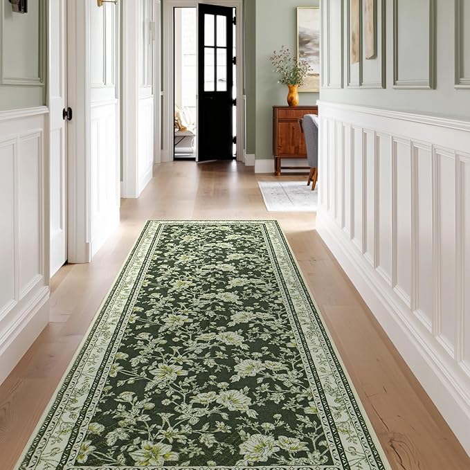 Olive Green Floral Print Area Rugs for Bedroom Living Room Boho Farmhouse Country Rustic Dining Room Carpet Soft Washable Rugs Non Slip Floor Covering for Nursery Playroom 3x8