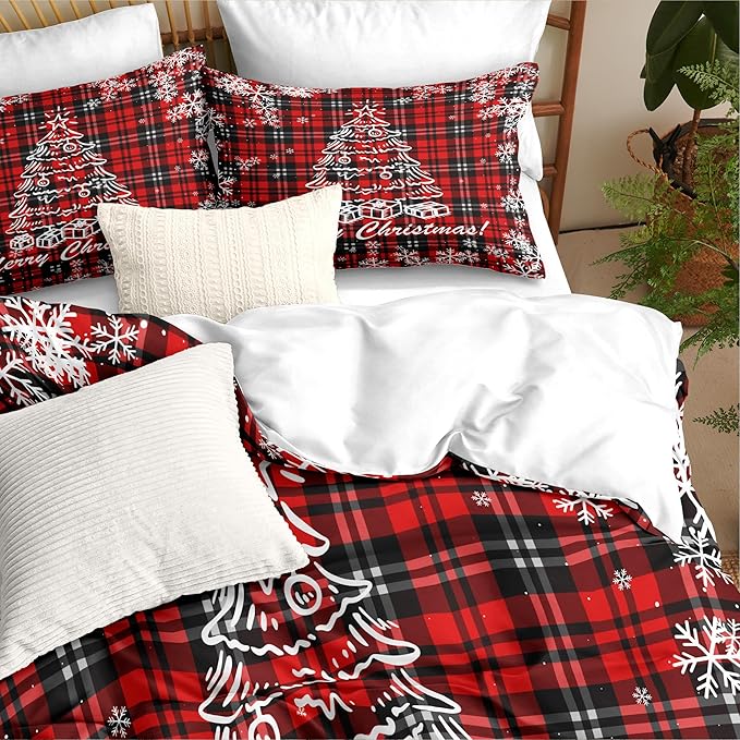 Christmas Duvet Cover King Size Black Red Gingham Xmas Bedding Set 3 Pieces Kids Boys Girls Christmas Tree Plaid Pattern Soft Comforter Cover with Zipper Closure
