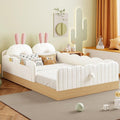 Twin Size Upholstered Platform Bed with Safety Guardrail and Cute Rabbit Ear Shaped Pillows, Velvet Fabric Montessori Kids Floor Bed with Pocket and Sturdy Slats Support (Beige-9.25)
