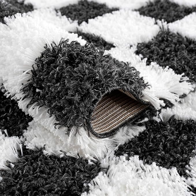 Hauteloom Atira Contemporary Checkered Fluffy Shag Runner Rug - Modern Geometric Carpet Tiles for Hallway, Hitchen - Plush Pile Carpet Squares - Black, White - 2'7" x 7'3"