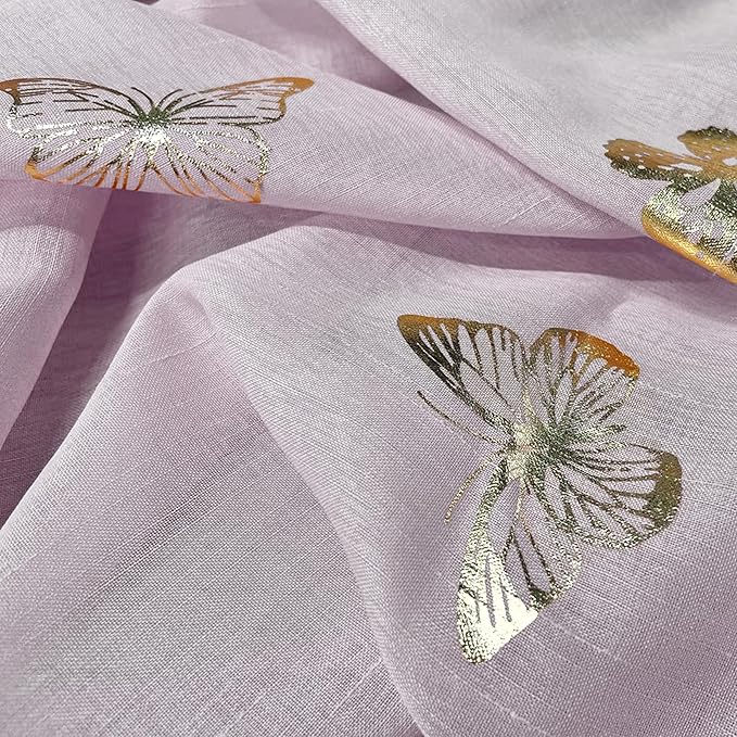 Jubilantex Butterfly Sheer Curtain Panels for Baby Girls Bedroom, Toddler Gold Print Linen Rod Pocket Voile Drapes 63 Inch for Kids Room Living Room, Lavender/Lilac Purple, 2 Panels