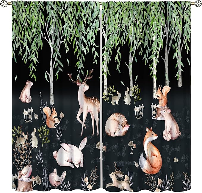 Forest Animal Curtains, Watercolor Cartoon Woodland Plants Animals Bears Moose Mushrooms Printed Curtains for Kids Boys and Girls Bedroom Window Drapes 52x84in, Style-9