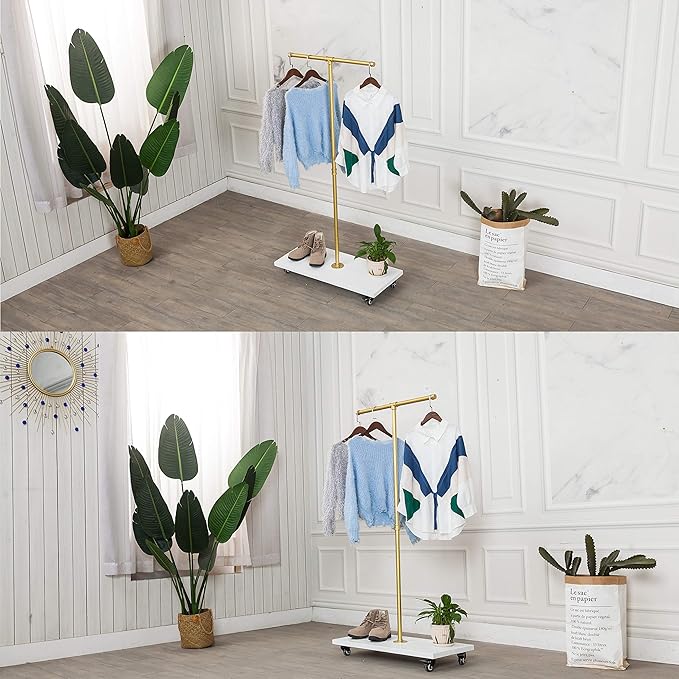 59"Tall,Gold, Industrial Pipe Coat Rack Stand,Rolling garment Rack for Hanging Clothes Retail Display,Free Standing Coat Rack,Hallway/Entryway Coat Hanger Stand for Clothes, Suits, Accessories