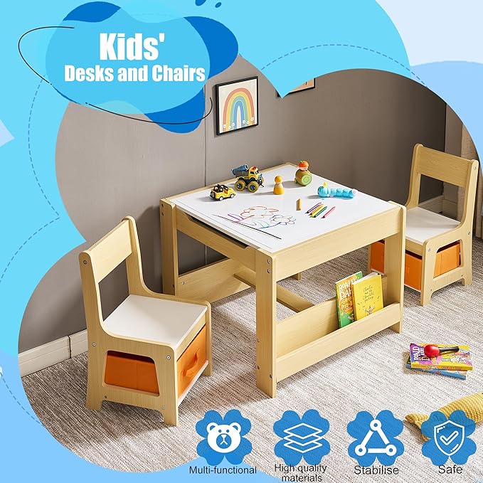 Kids Table and Chair Set, 3 in 1 Wooden Activity Table with Storage Drawer for Toddlers Drawing, Reading, Crafts, 2 in 1 Detachable Tabletop Table Set for Nursery, Playroom (Natural & White)