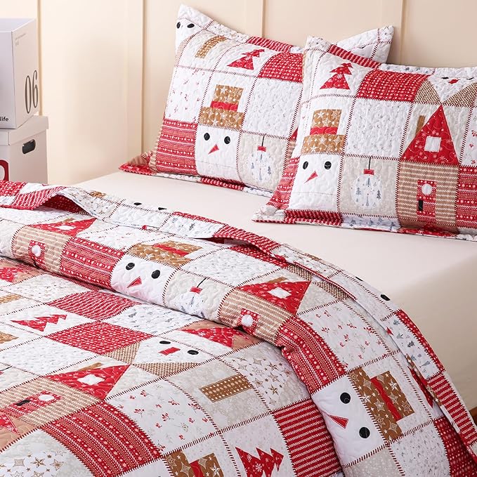JSD Kids Christmas Quilt Set Full/Queen, Patchwork Christmas Bedding 3 Piece, Soft Microfiber Bedspread Coverlet Holiday Quilted Blanket