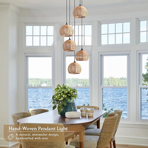5-Light Woven Foyer Chandeliers for High Ceiling,5 Dome Boho Rattan Pendant Light Farmhouse Wicker Ceiling Light,rustic Hemp rope Light Fixture For Living Room Hallway Staircase Entryway(Bulb Incl.