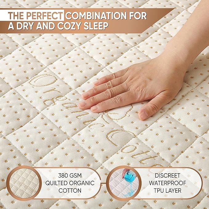 Luxury Quilted Organic Cotton Mattress Protector King - 380 GSM Waterproof & Breathable Pad - Deep Pocket Fitted Cover - Soft & Silent Protection