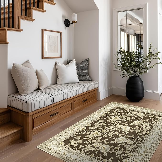 Brown Floral Print Area Rugs for Bedroom Living Room Boho Farmhouse Country Rustic Dining Room Carpet Soft Washable Rugs Non Slip Floor Covering for Nursery Playroom 4x6