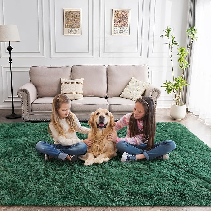 Fluffy Rug Flame Resistant 8x10 Feet, Forest Green Shaggy Rugs for Living Room Washable 8x10 Area Rugs Clearance