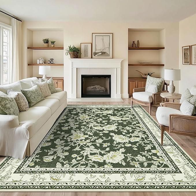 Olive Green Floral Print Area Rugs for Bedroom Living Room Boho Farmhouse Country Rustic Dining Room Carpet Soft Washable Rugs Non Slip Floor Covering for Nursery Playroom 7x9