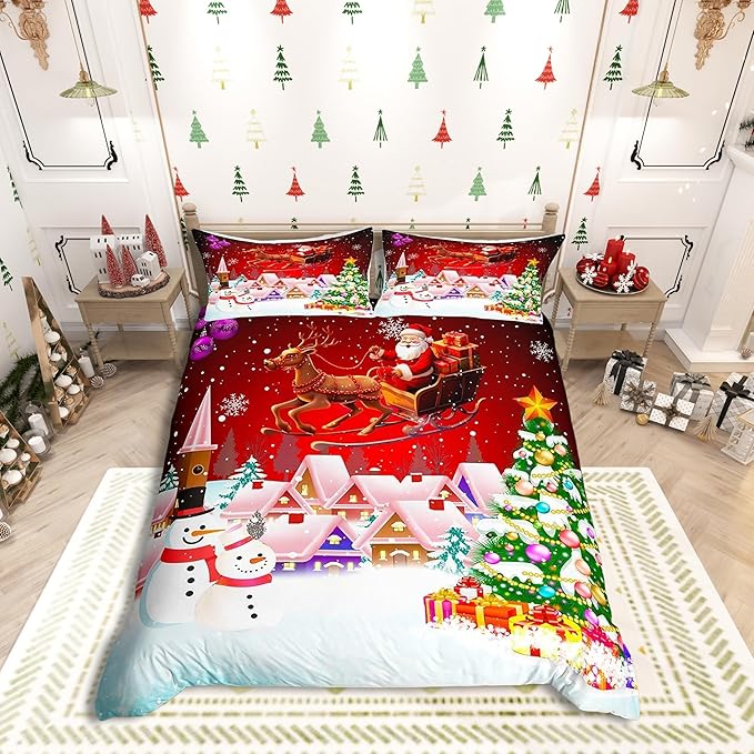 Manfei Christmas Duvet Cover Set Twin Size, Snowman Xmas Tree Bedding Set for Kids Boys Girls, Santa Claus with Reindeer Comforter Cover New Year Theme Quilt Cover with 1 Pillowcase, No Comforter