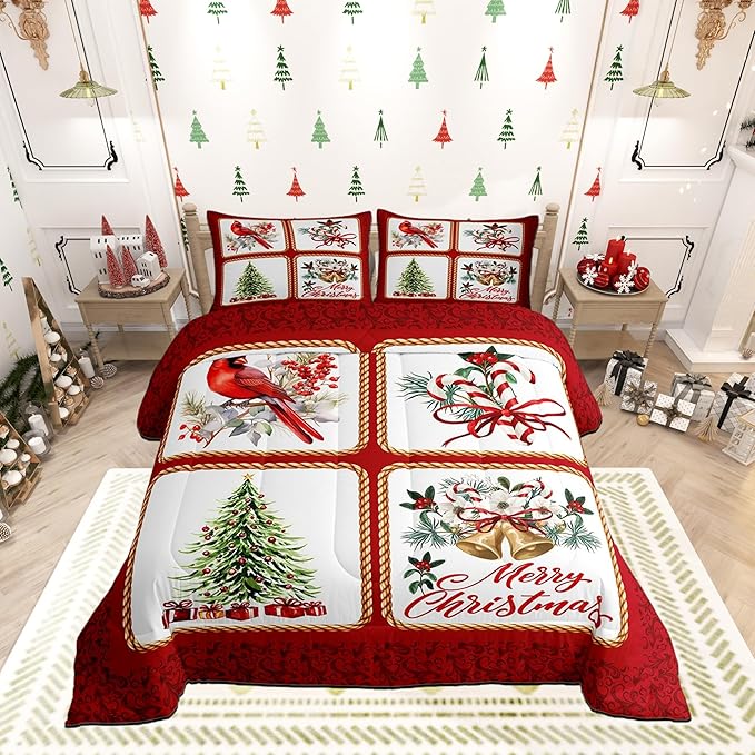 Christmas Plaid Comforter Set Twin Size,Berries Cardinals Xmas Pine Print Bedding Set for Kids Boys Men,Floral Bells Red Lace Patchwork Quilted Duvet Set with 1 Pillowcase