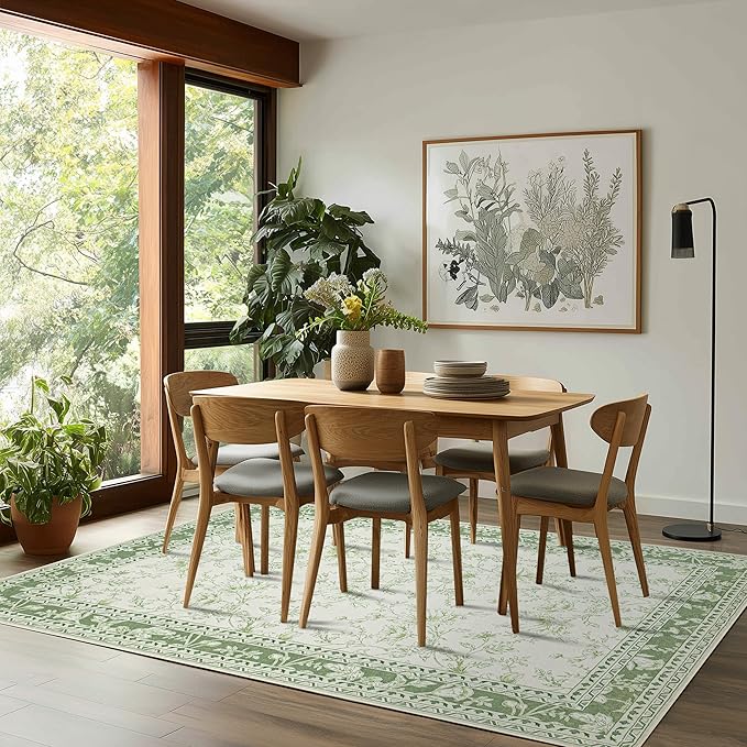 Sage Green Rugs for Bedroom 7x9 Area Rug for Living Room Machine Washable Light Green Cream Beige Printed Non-Slip Vintage Floral Distressed Indoor Boho Farmhouse Carpet for Dining Room Nursery