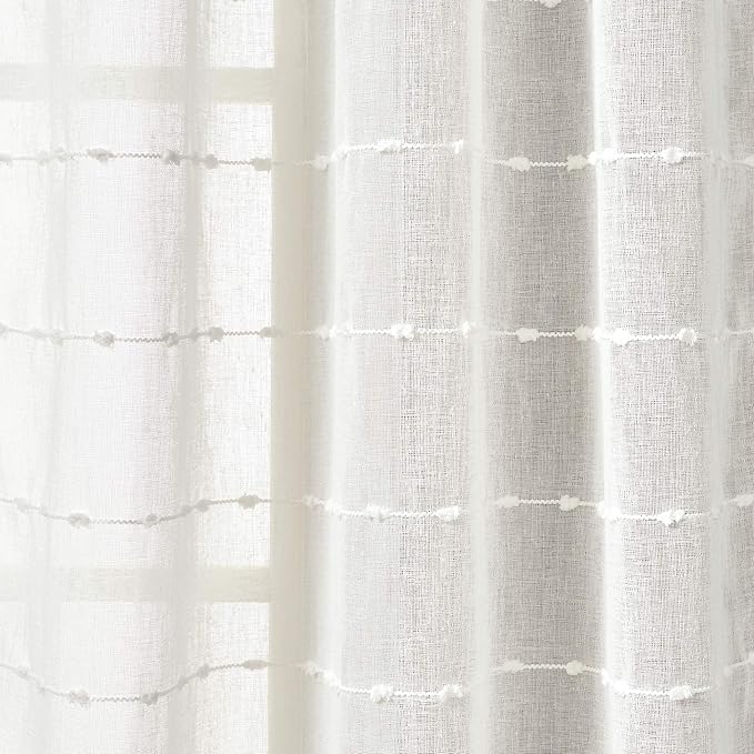 Lush Decor Farmhouse Textured Grommet Sheer Window Curtain Panel Pair, 38"W x 120"L, White