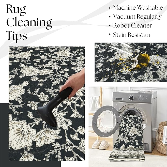 Black Boho Washable 3x8 Extra Long Hallway Runner Rug, Extra Large Kitchen Floor Rug Indoor Entryway, Non-Slip Low Pile Machine Washable, Vintage Farmhouse Cream Beige Taupe Pattern Floral Design
