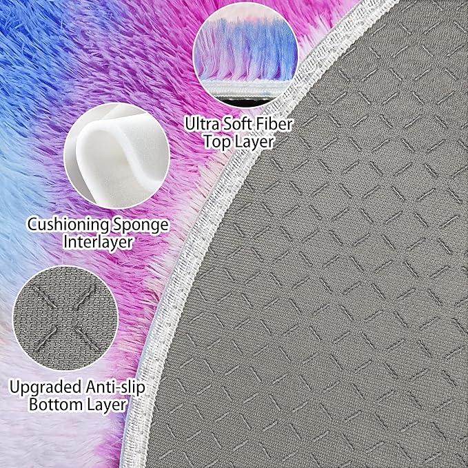 7 ft Large Fluffy Round Pink Rainbow Area Rugs for Girls Bedroom, Colorful Soft Shaggy Circular big Rug Plush Fluffy Circle Carpet Fuzzy for Nursery Baby Room Playroom Dorm LivingRoom Home Decor