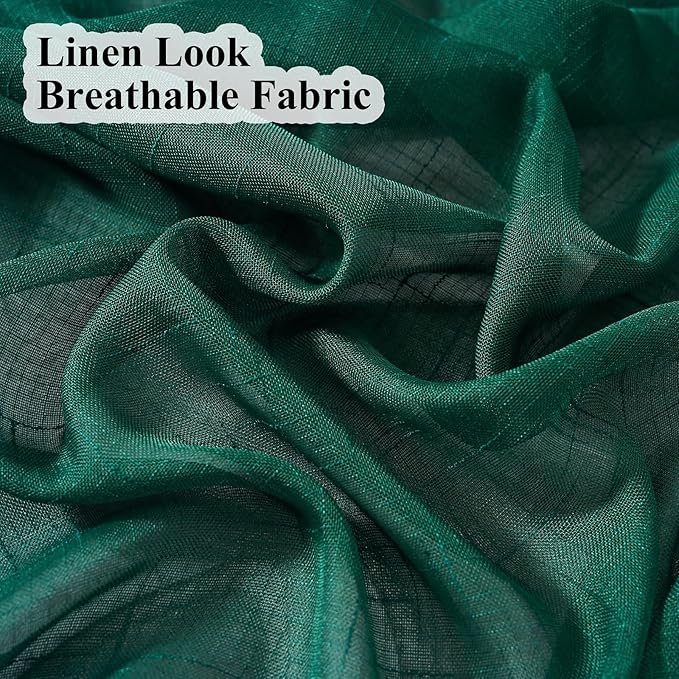 Emerald Green Curtains Sheer 96 Inches Long, Dark Linen Look Textured Light Filtering Drapes Decor, Hunter Green Transparent Window Treatments, Pinch Pleat Curtain with Hooks