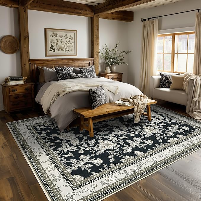 Black Floral 8x10 Area Rugs for Living Room, Cream Beige Taupe Sketch Pattern Bedroom Rug Boho Low Pile Dining Room Washable Carpet 8x10, Vintage Soft Indoor Non-Slip Floor Covering Nursery Playroom