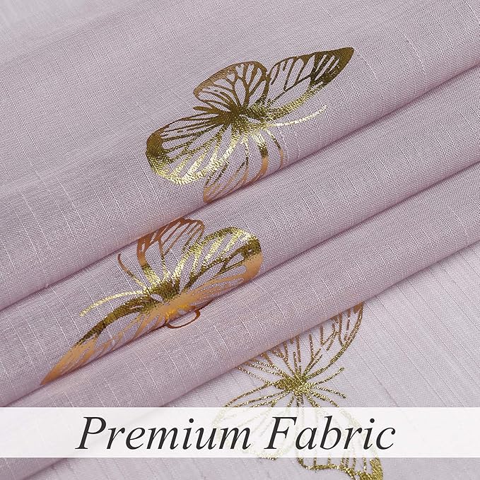 Jubilantex Butterfly Sheer Curtain Panels for Baby Girls Bedroom, Toddler Gold Print Linen Rod Pocket Voile Drapes 63 Inch for Kids Room Living Room, Lavender/Lilac Purple, 2 Panels